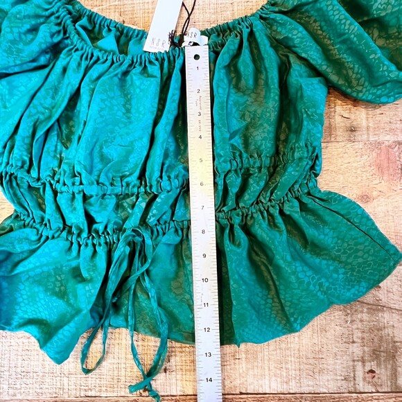 NSR Napean Sea Road Green Peplum Blouse Off Shoulder Puff Sleeve Small - Picture 11 of 12
